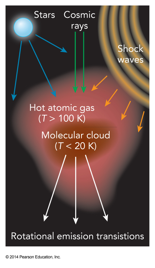 Molecular clouds are cooler than the surrounding atomic gas, as low as 5 K, because they constantly emit radiation from rotational transitions of polar molecules into the optically thin surroundings. No significant cooling transitions are available for the atomic gas until its temperature exceeds about 100 K. Molecular clouds absorb energy from nearby stars, cosmic rays, and interstellar shock waves propgating through space.